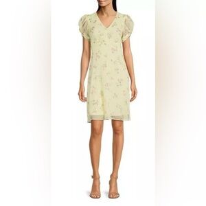 Calvin Klein ChiffonYELLOW Floral Print Short Puff Sleeve V-Neck Sheath Dress 6